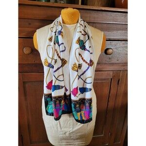 VTG Fine Silk Scarf 51-1/2"L x 10" W Tassels Rich colors Pink Blue Black Gold